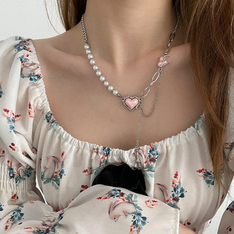 Wholesale Thorns Pink Love Heart Pearl Necklaces